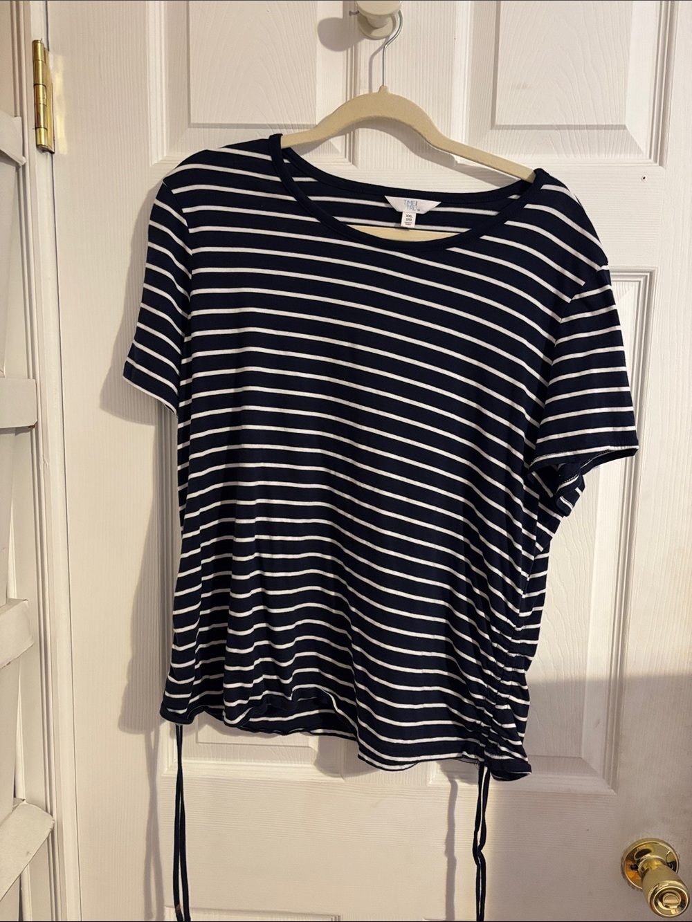 Time and Tru Navy and White Striped Short Sleeve Drawstring Tee